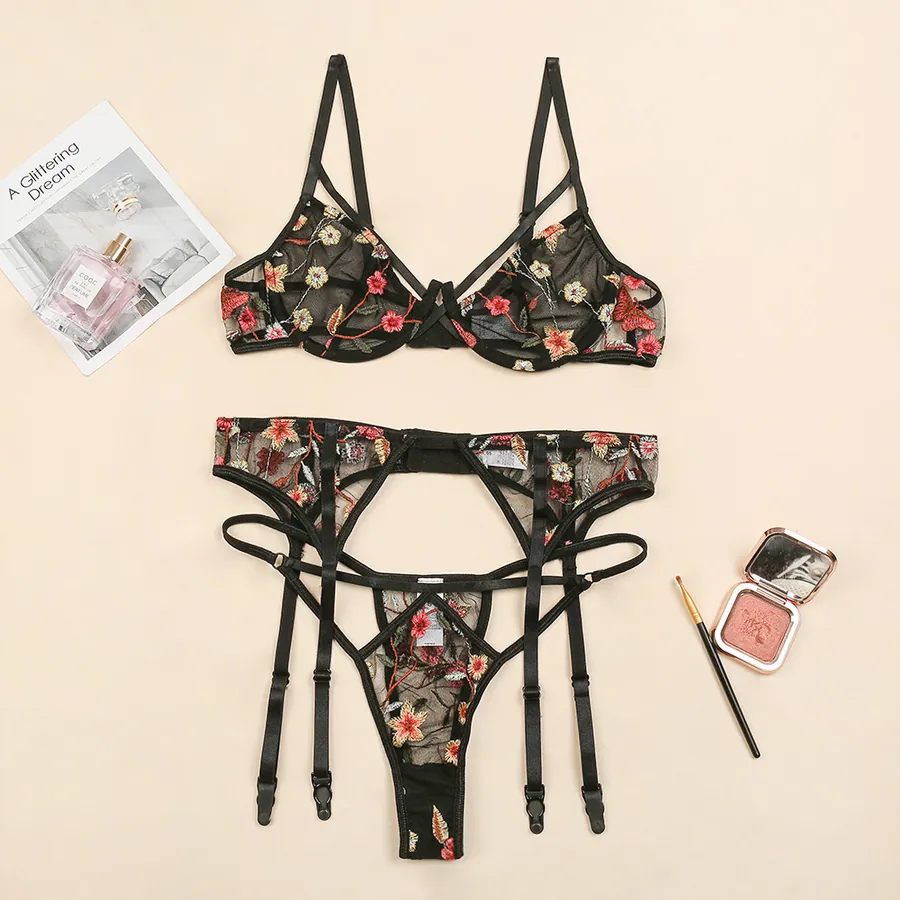 Embroidered Push-Up Three-Piece Lingerie Set