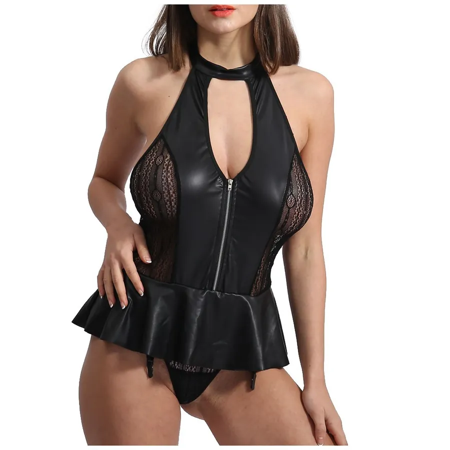 Halter Mesh Cutout Patent Leather Mini Skirt Set
