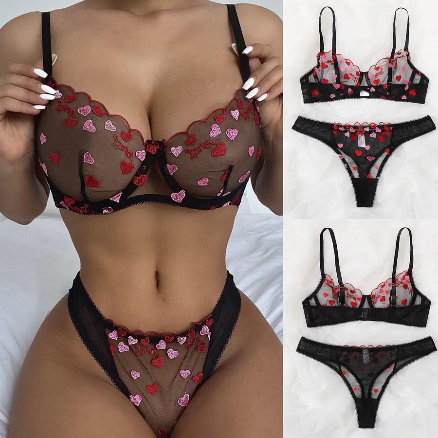 Sheer Mesh Heart Three-Piece Set
