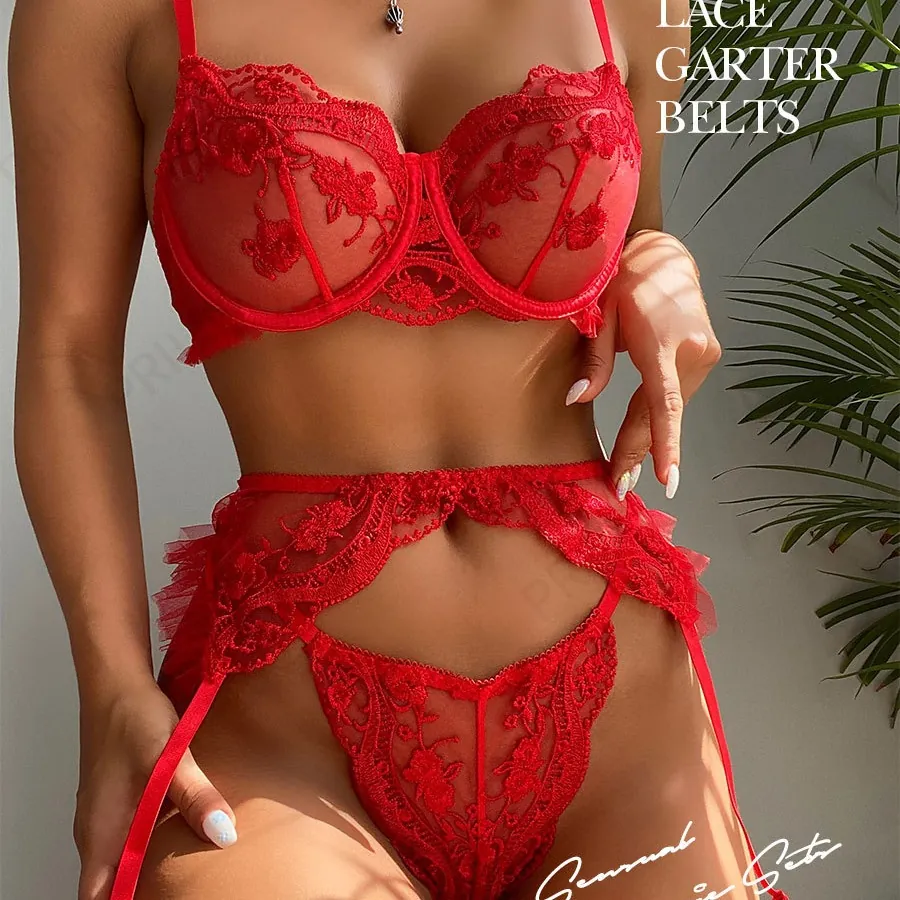 Red Lace Three-Piece Bodysuit Set