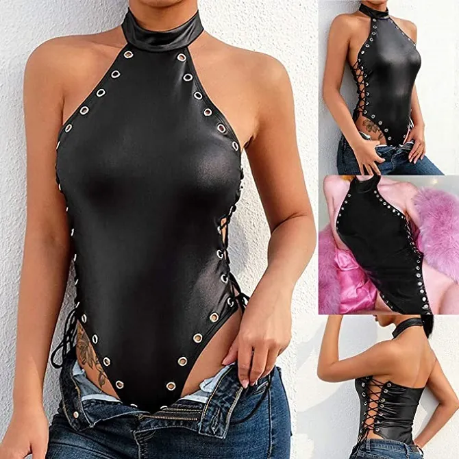 Faux Leather Studded Halter Bodysuit