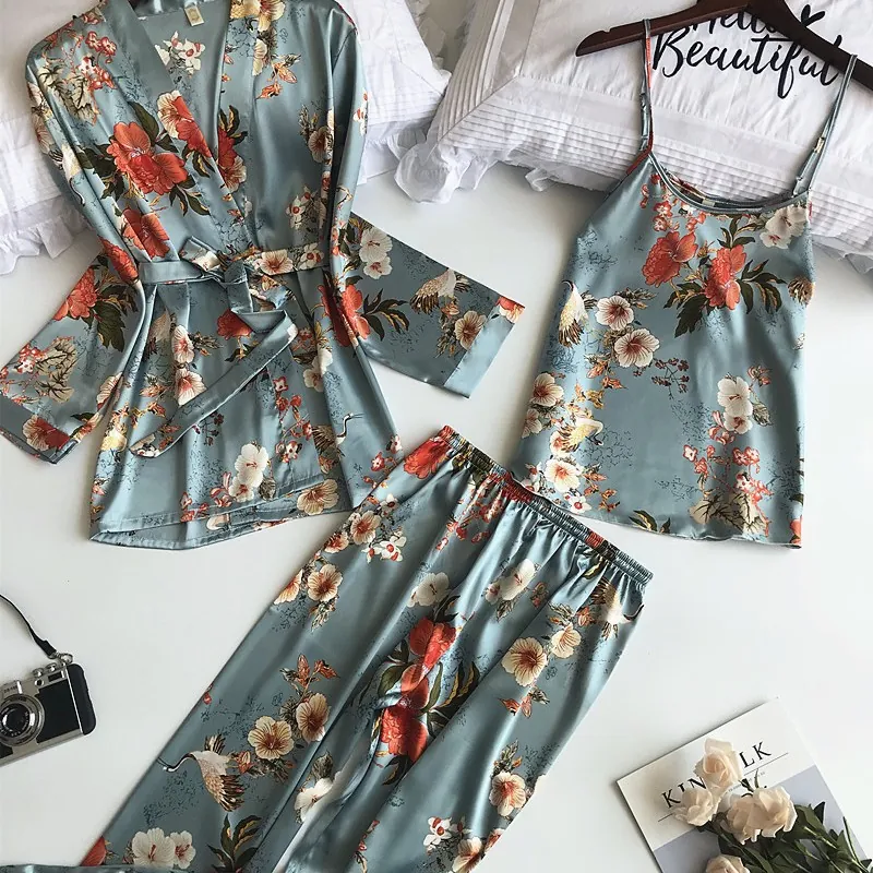 Floral Lace Trim Three-Piece Nightdress Set