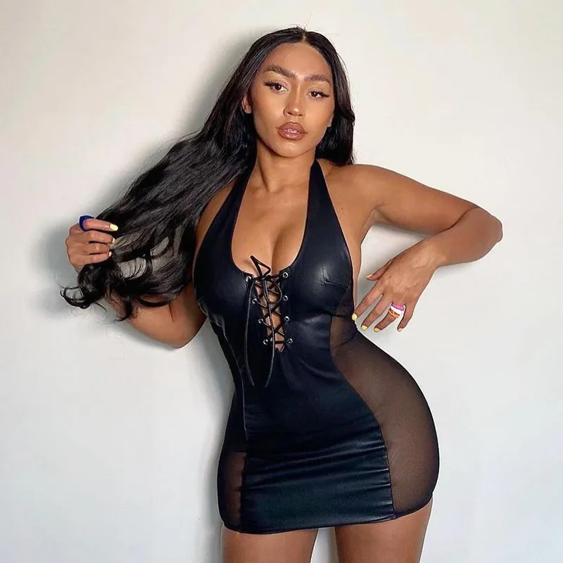 Patent Leather Halter Mini Dress with Brief