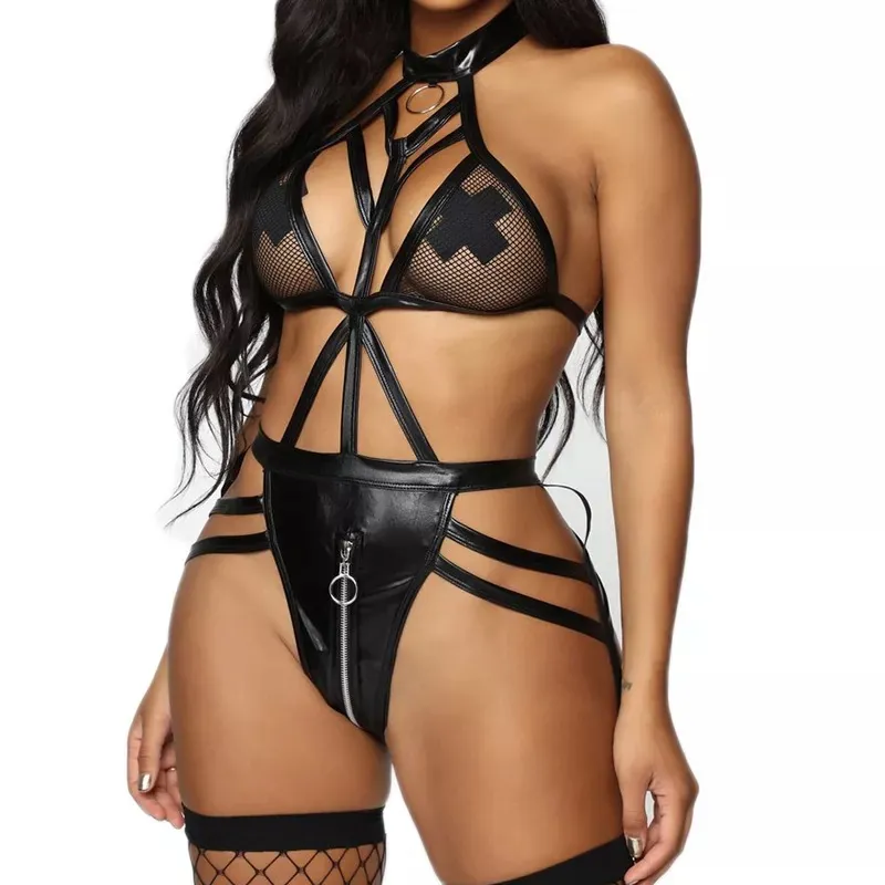 Faux Leather Halter Cutout Backless Bodysuit