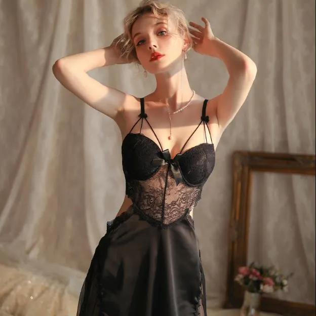 Deep V Lace Sheer Slip Nightdress