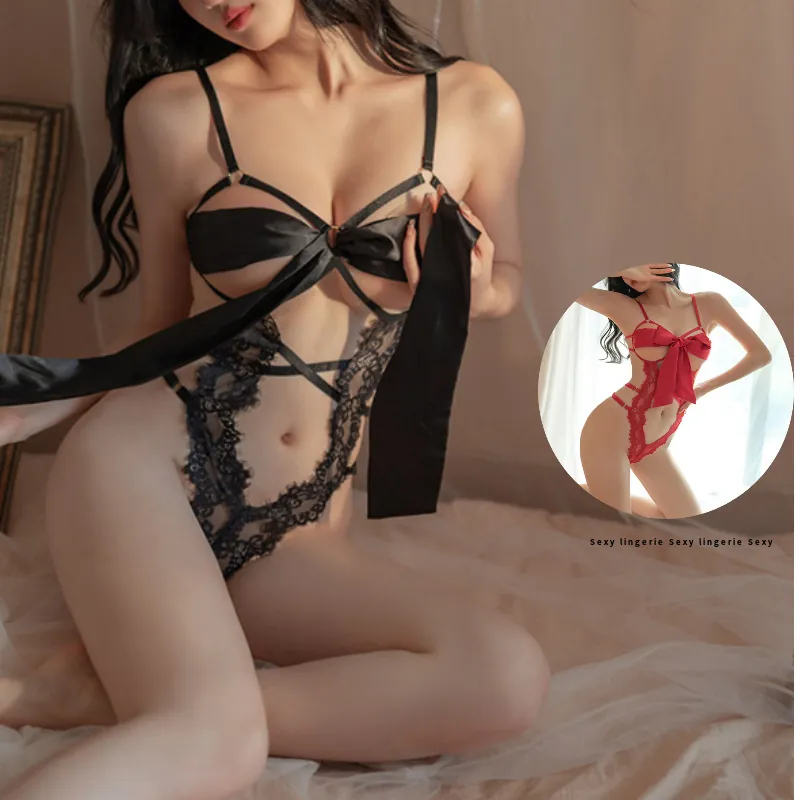 Sheer Lace Bow-Tie Bodysuit Lingerie