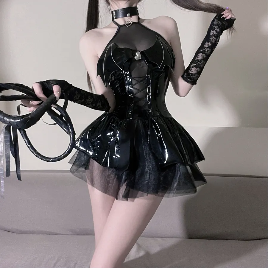 PU Leather Halter Mini Dress Costume Set