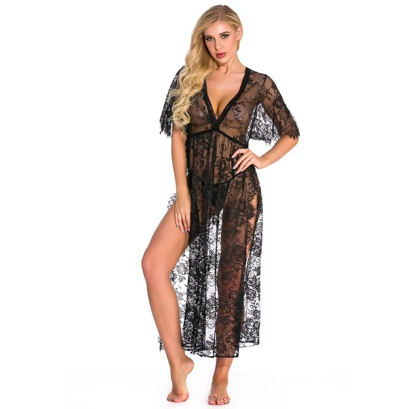 Lace Mesh Cutout Long Robe Set