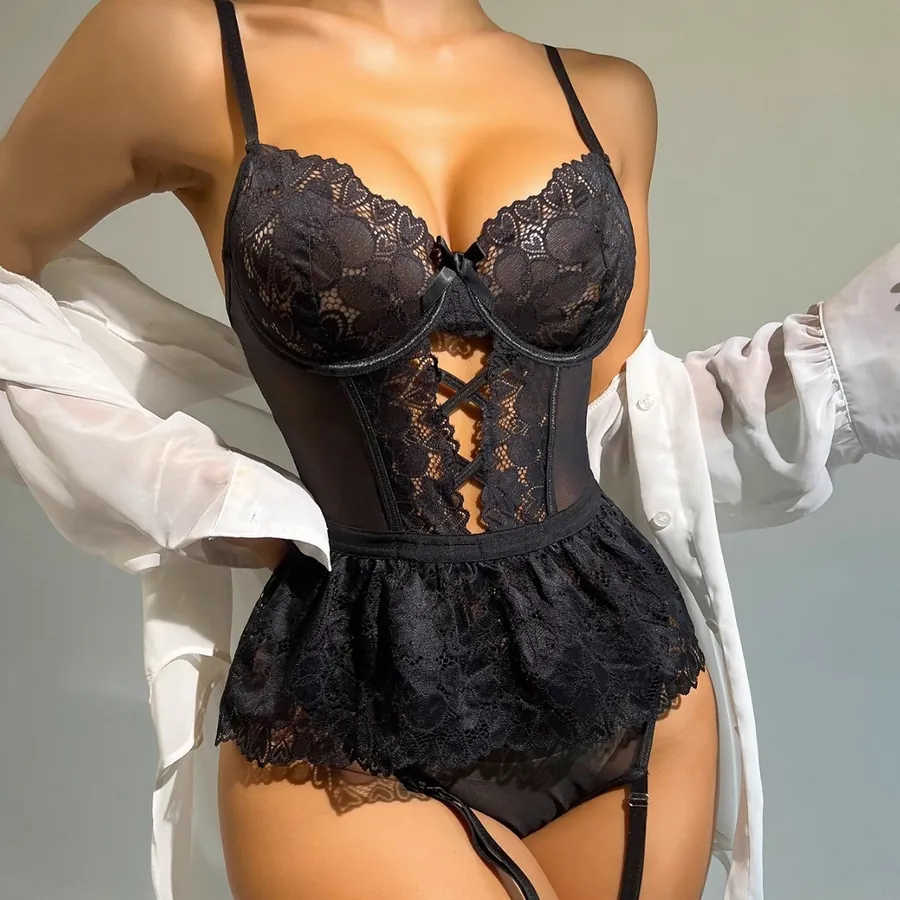 Lace Cutout Mini Dress Bodysuit Lingerie Set