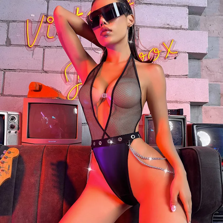 Patent Leather and Mesh Cutout Bodysuit