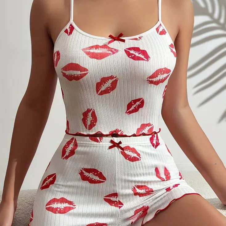 Heart Print Cami and Shorts Pajama Set