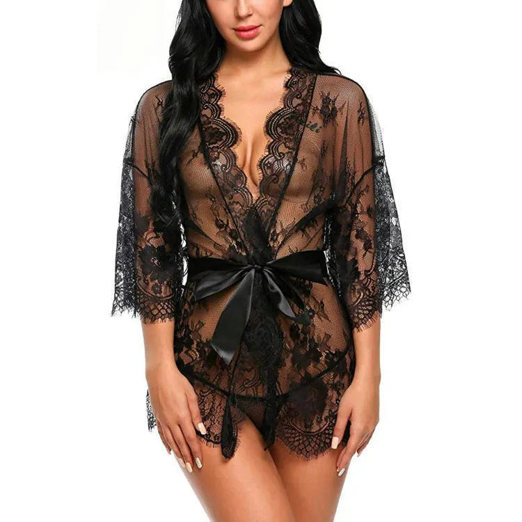 Lace Kimono Robe and Babydoll Set