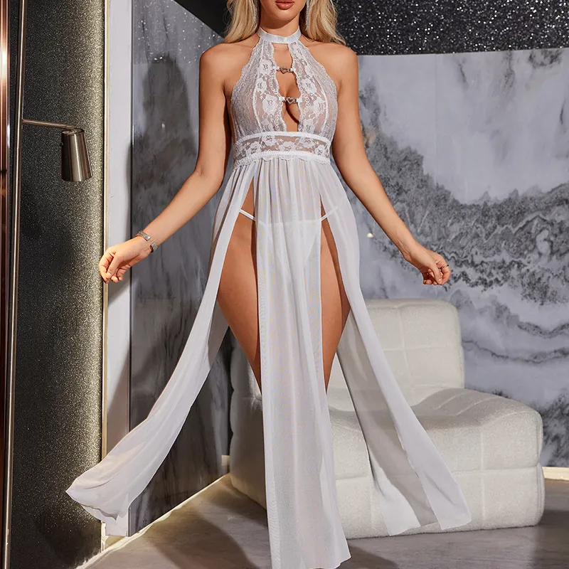 Sheer Mesh Halter Slit Long Dress Set