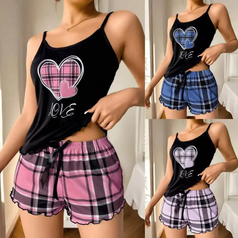 Letter Print Cami and Plaid Shorts Pajama Set