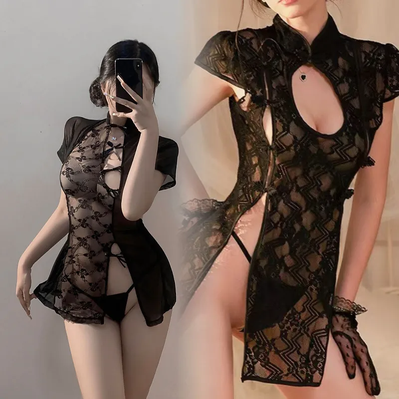 Sheer Lace Cheongsam Slip Dress