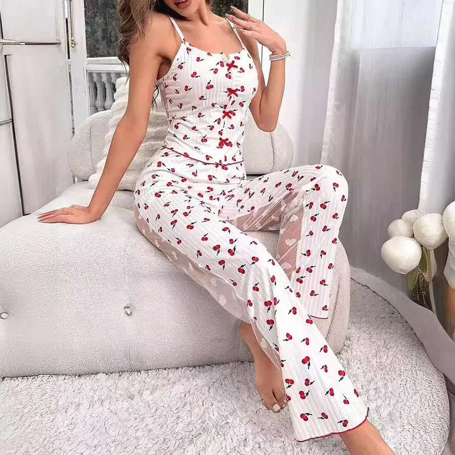 Print Color-Block Mesh Cami Pajama Set