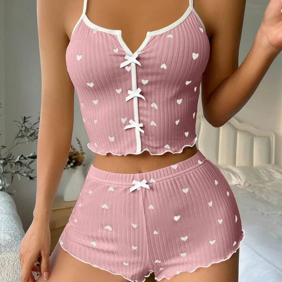 Heart Print Color-Block Cami Pajama Set