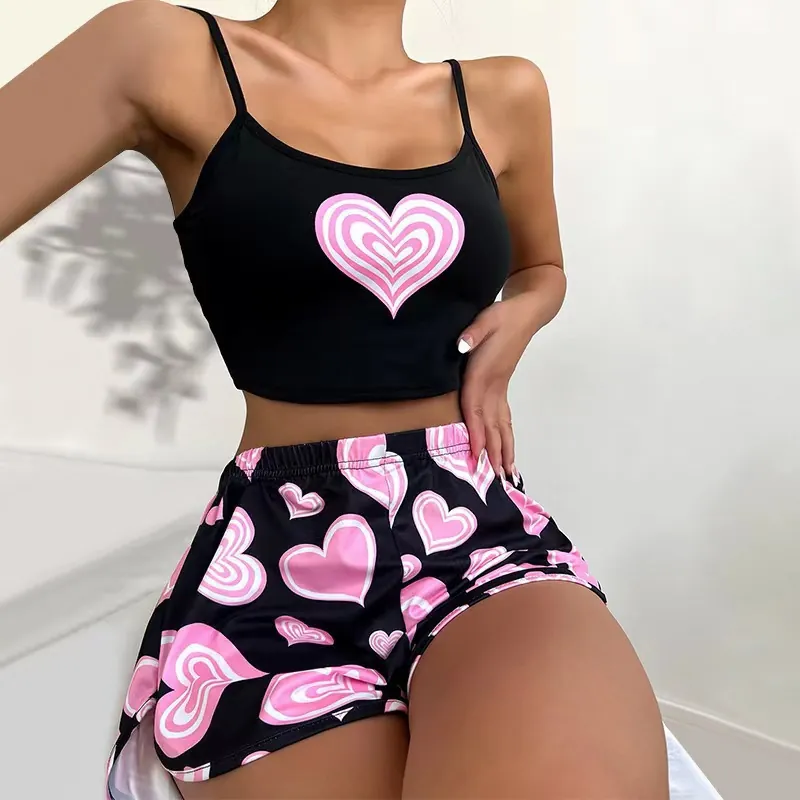 Pink Heart Print Cami and Shorts Pajama Set