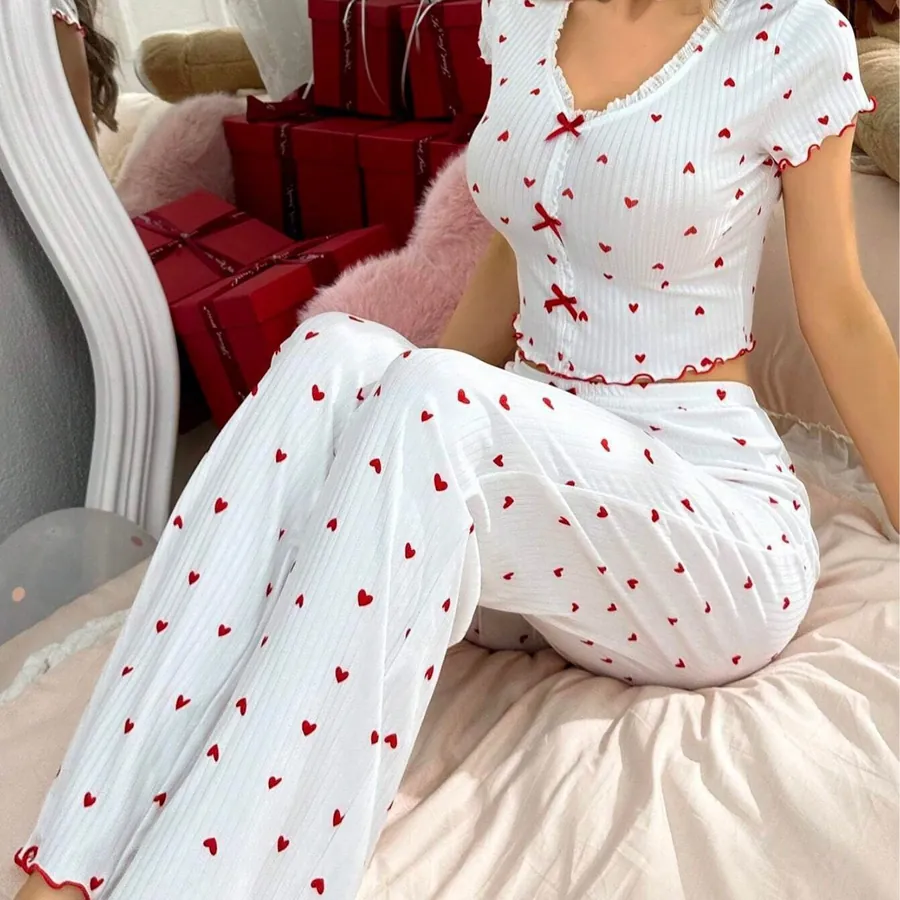 Heart Print Pajama Set with Bow