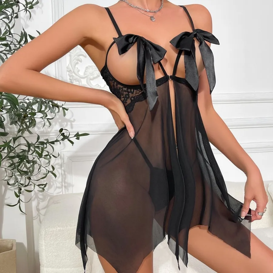 Mesh Front-Open Bow Nightdress Set