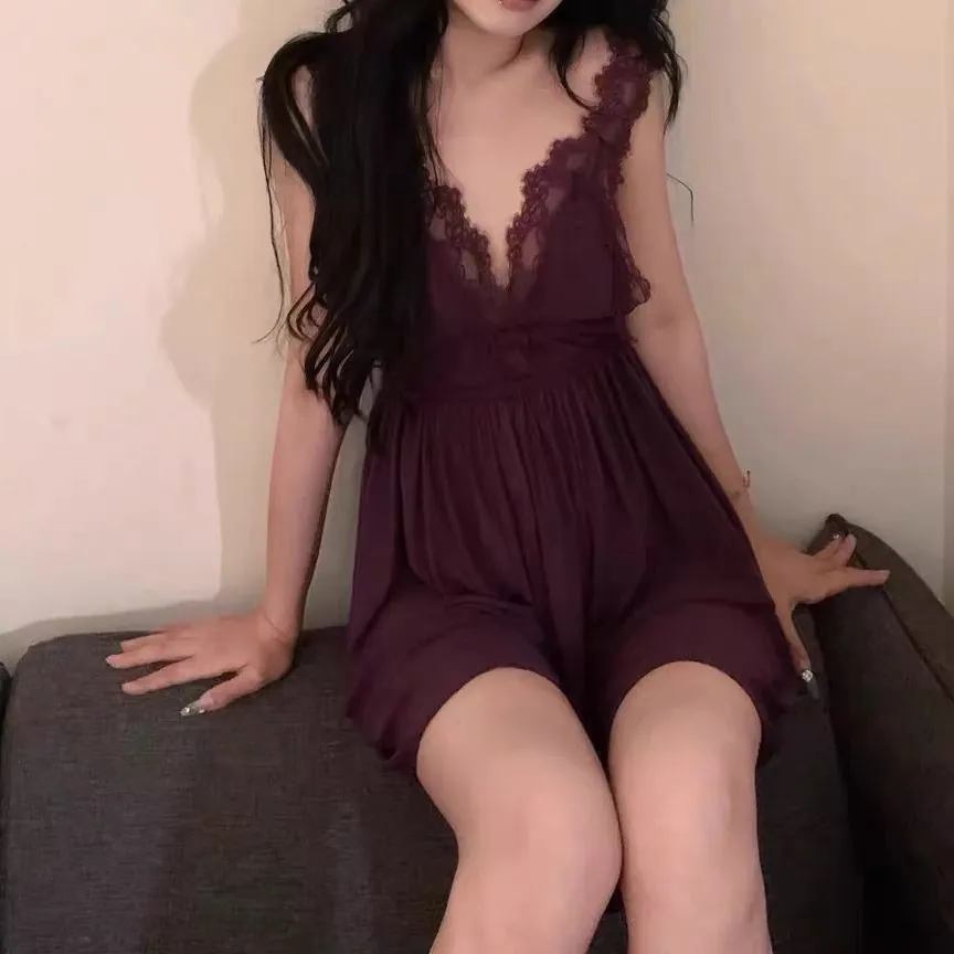 Deep V Mesh Lace Slit Nightdress