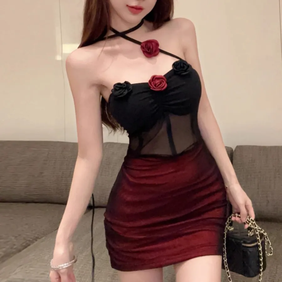 Sheer Mesh Floral Halter Bodysuit
