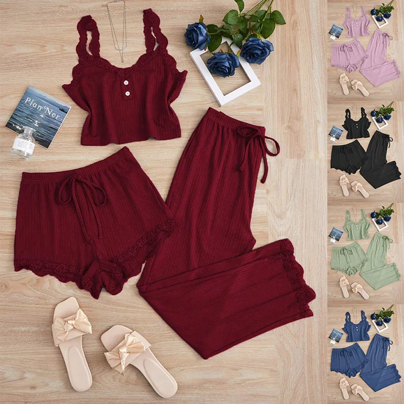 Lace-Trim Cami, Shorts and Pants Pajama Set
