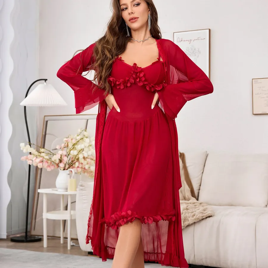 Mesh Robe and Cami Dress Set