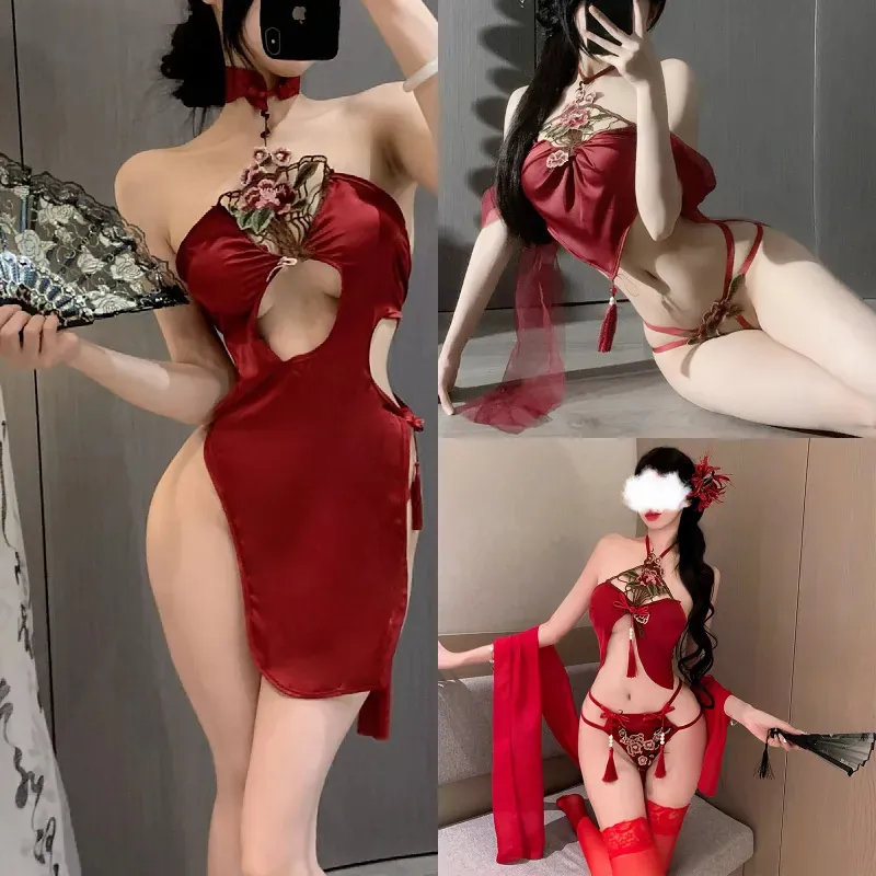 Embroidered Peony Cheongsam Slip Dress Set
