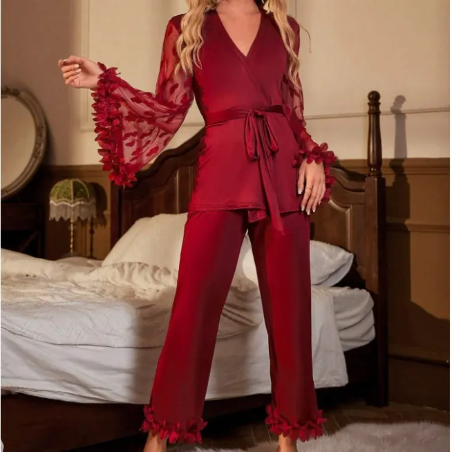 Mesh Bell-Sleeve Satin Loungewear Set