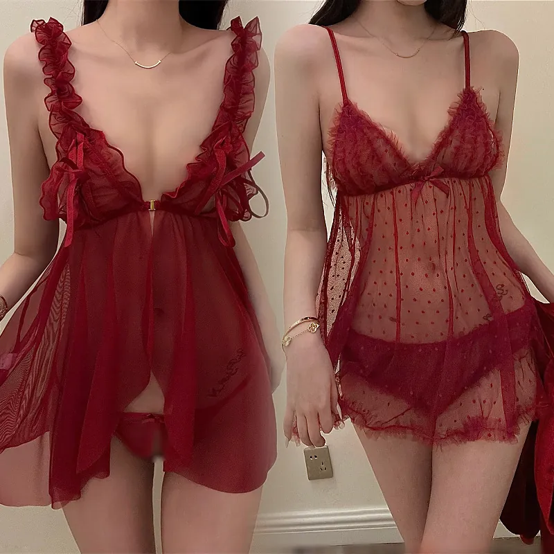 Red Polka Dot Mesh Slip Dress with Robe