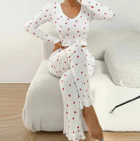 Ruffle Trim Long Sleeve Pajama Set