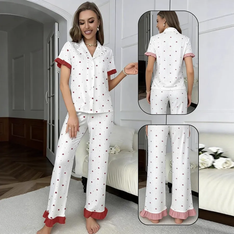 Heart Print Pajama Set with Long Pants