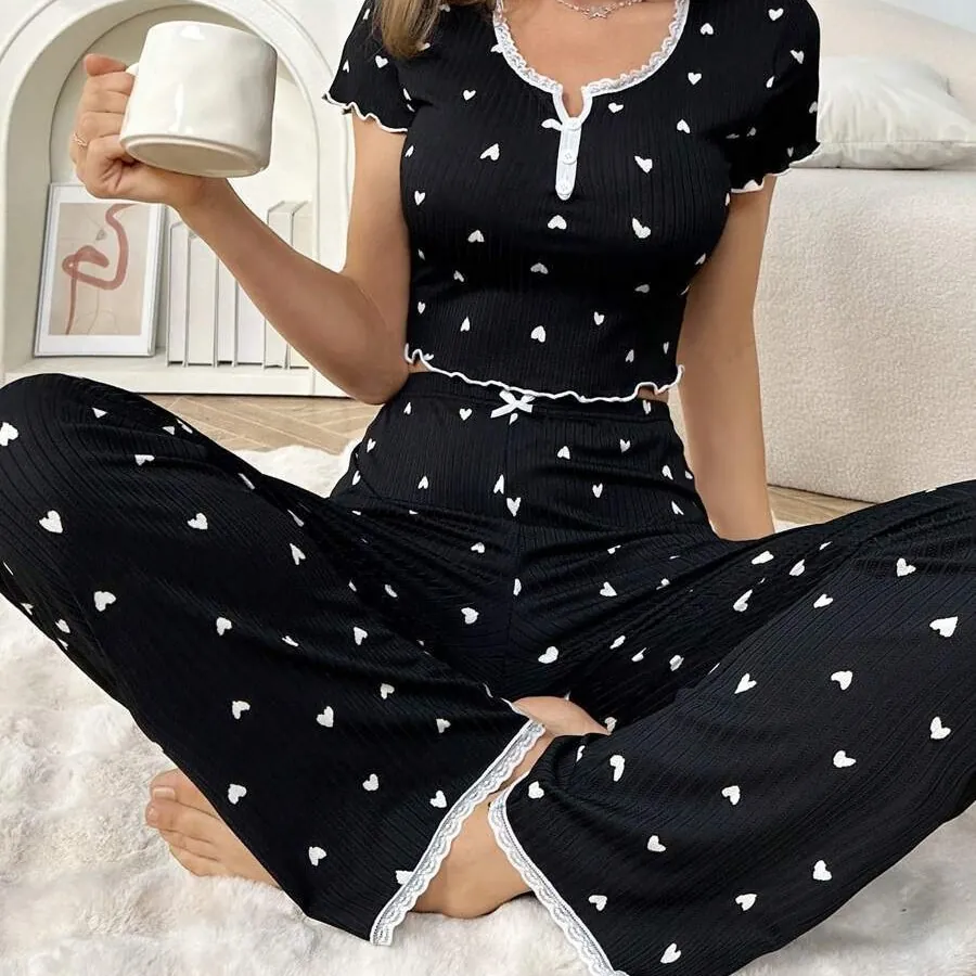 Ribbed Heart Print Pajama Set