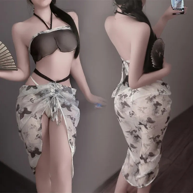 New Chinese Ink Butterfly Halter Slip Dress