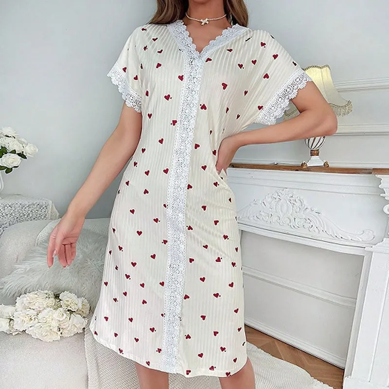 V-Neck Lace Heart Print Slip Dress