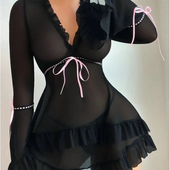Lace Mesh Polka Dot Nightdress Set