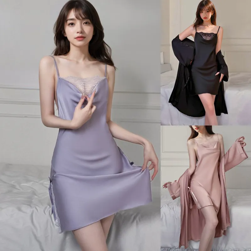 Silky Deep V Cowl Neck Slip Dress and Robe Set