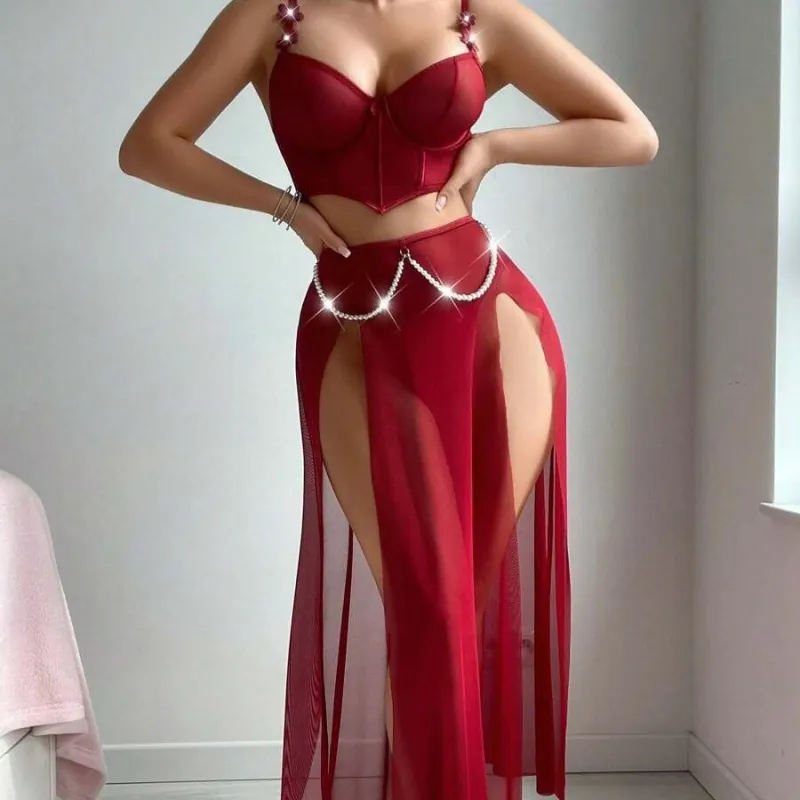 Sheer Mesh Slit Long Dress Two-Piece Set