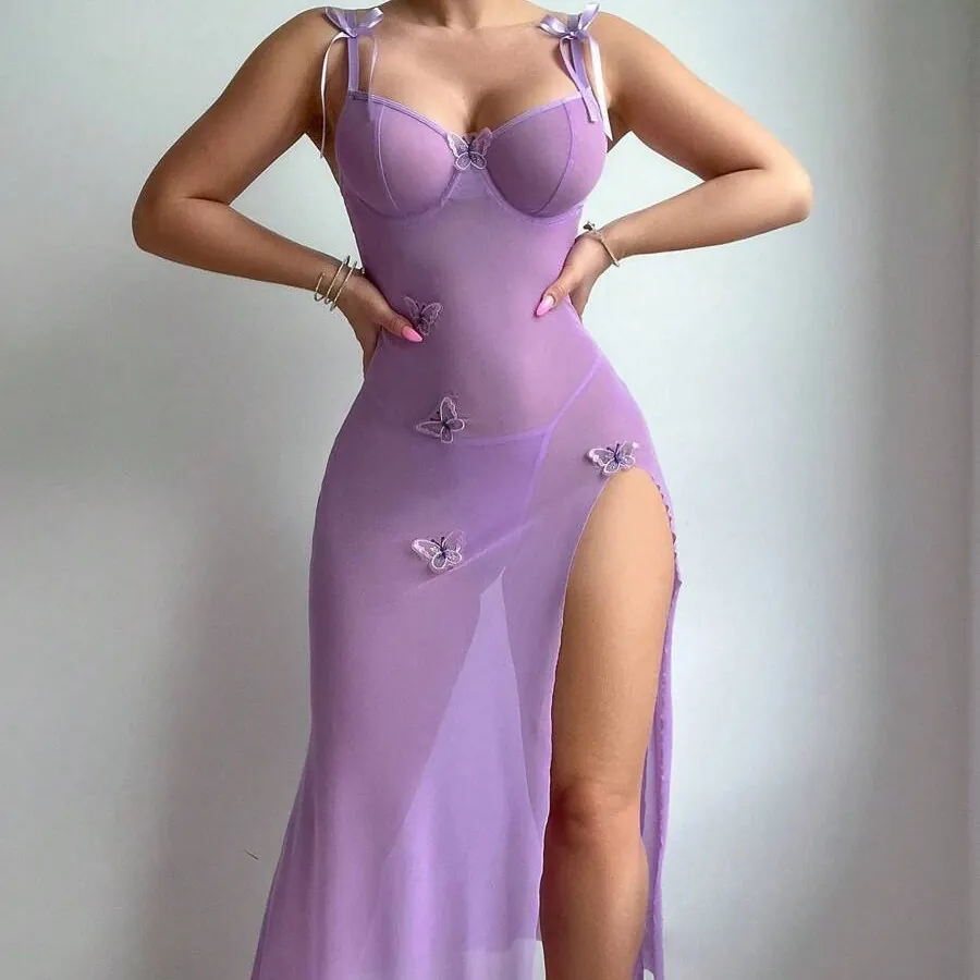 Lace Mesh Backless High-Slit Set