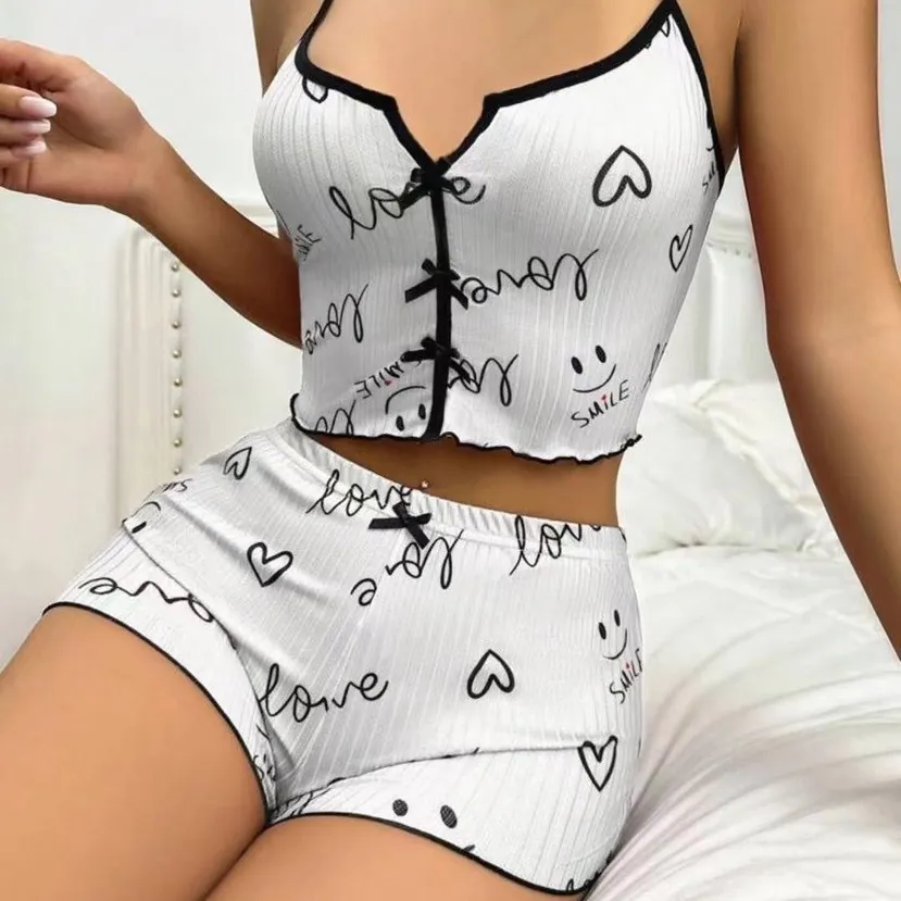 Lip Print Ribbed Cami Pajama Set