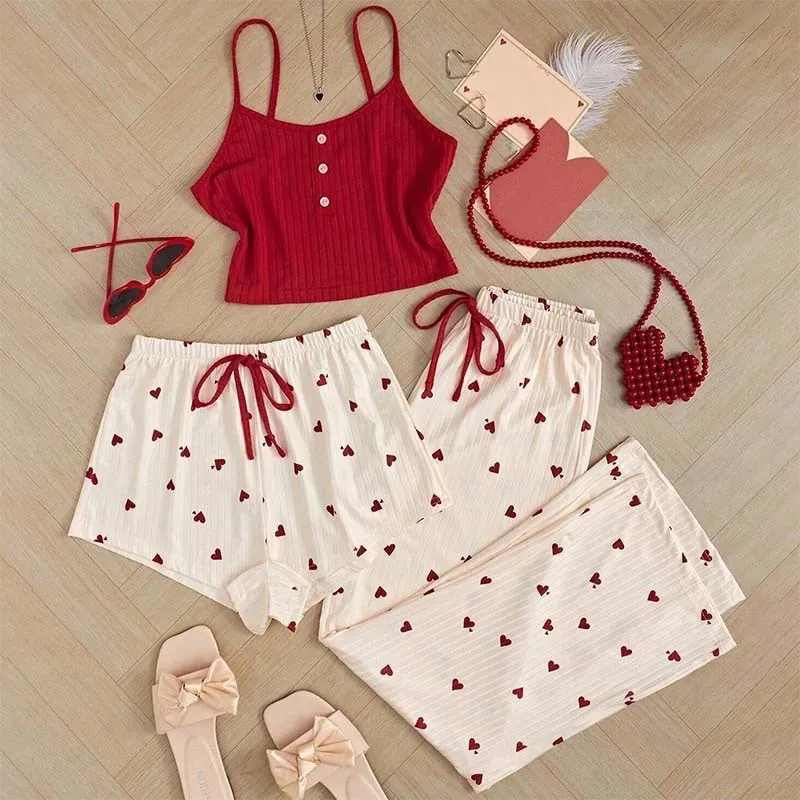 Heart Print Three-Piece Pajama Set