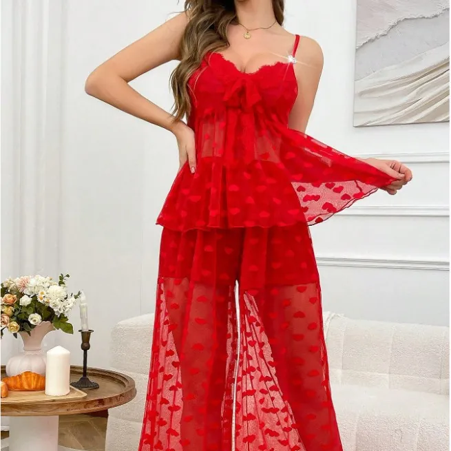 Mesh Heart Print Cami Set