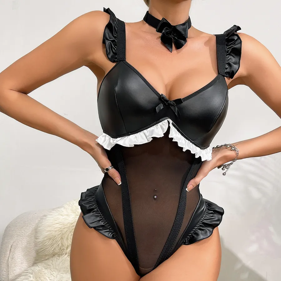 Cute Bow Patent Leather Bodysuit Costume Set