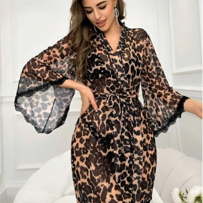 Leopard Mesh Long Robe Set