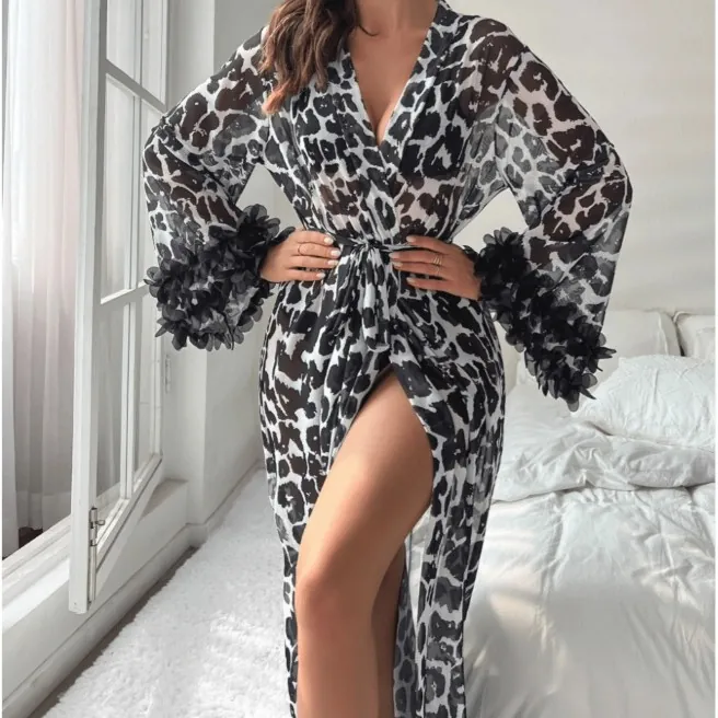 Leopard Print Casual Robe and Nightgown Set