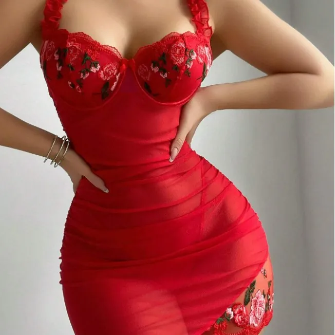 Mesh Embroidered Bodycon Nightdress Set