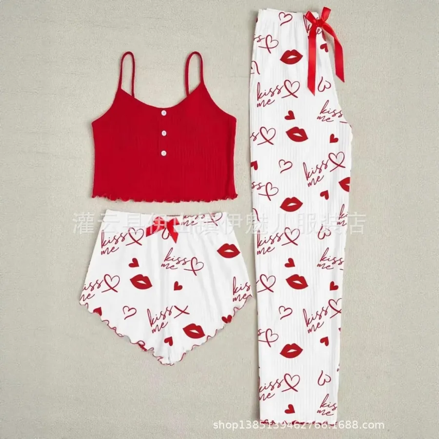 Heart Print Button Cami Shorts and Pants Set