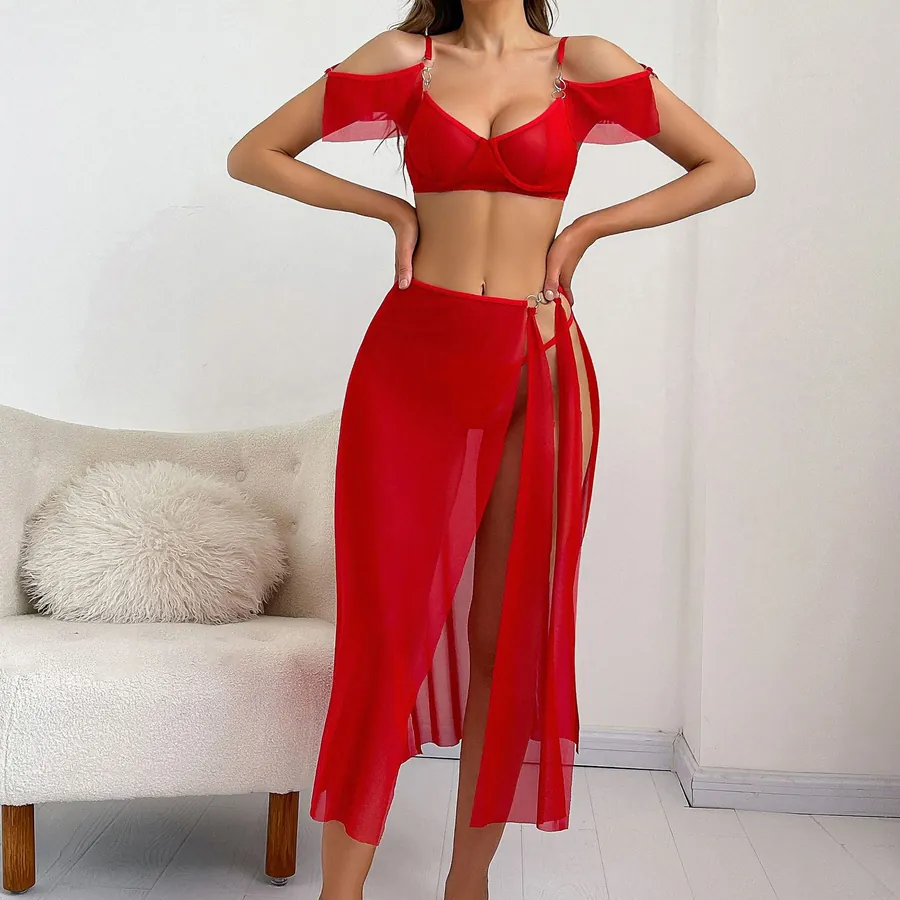 Off-Shoulder Mesh High-Slit Long Dress Set