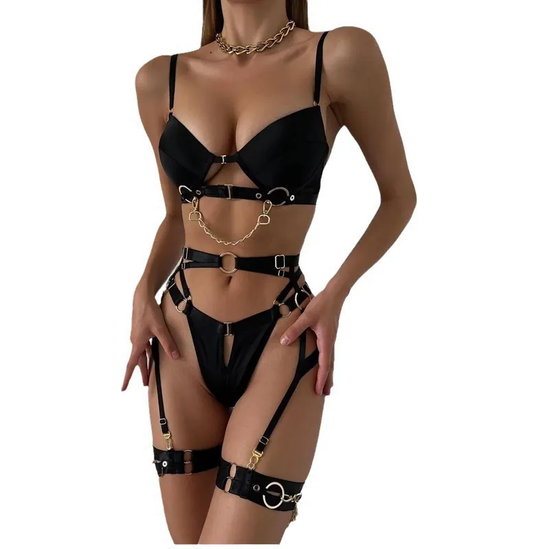Punk Style Strappy Four-Piece Lingerie Set